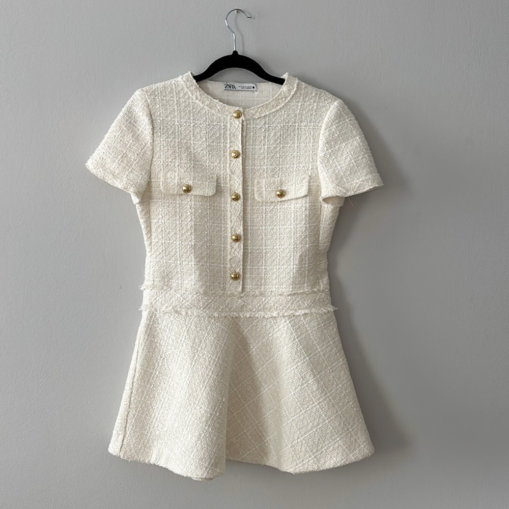 Zara cream structured tweed mini dress with gold buttons size M new without tags